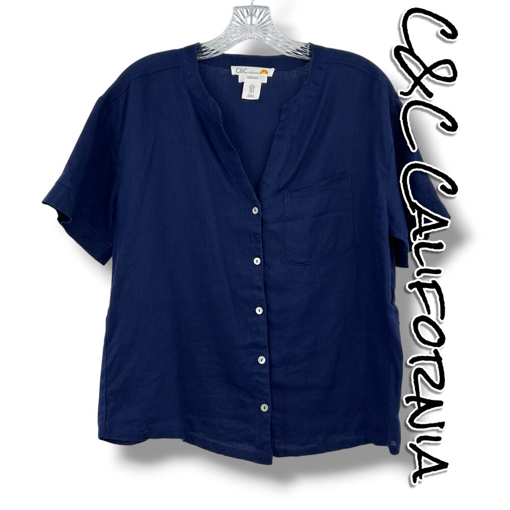C&C California Navy 100% Linen Short Sleeve Button Front Shirt S Lightweight